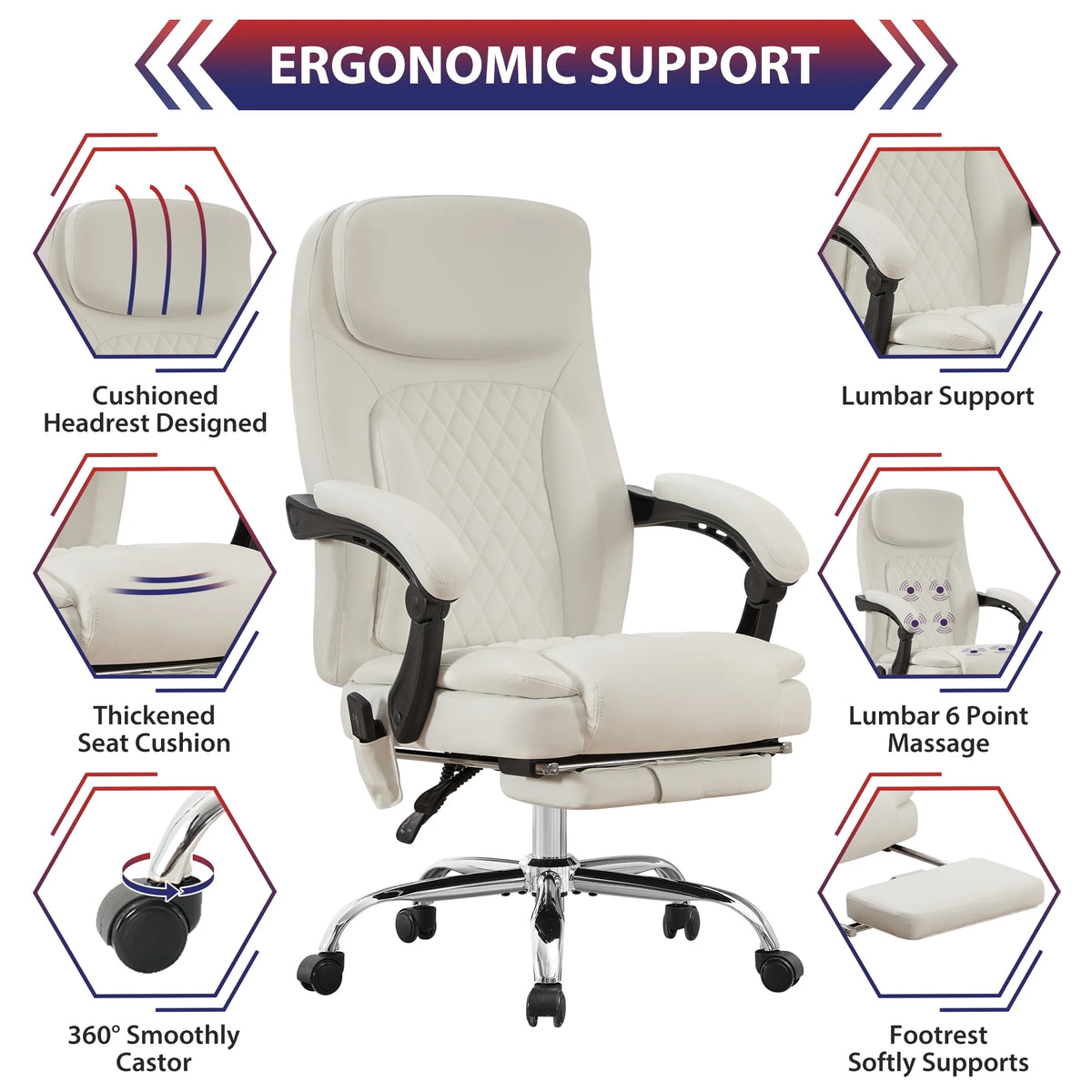 JONPONY Big and Tall Office Chair 500LBS Executive Office Chair Massage and Footrest Ergonomic Computer Desk Chair Reclining High Back Leather Office Chair Lumbar Back Support Swivel Rolling,Black