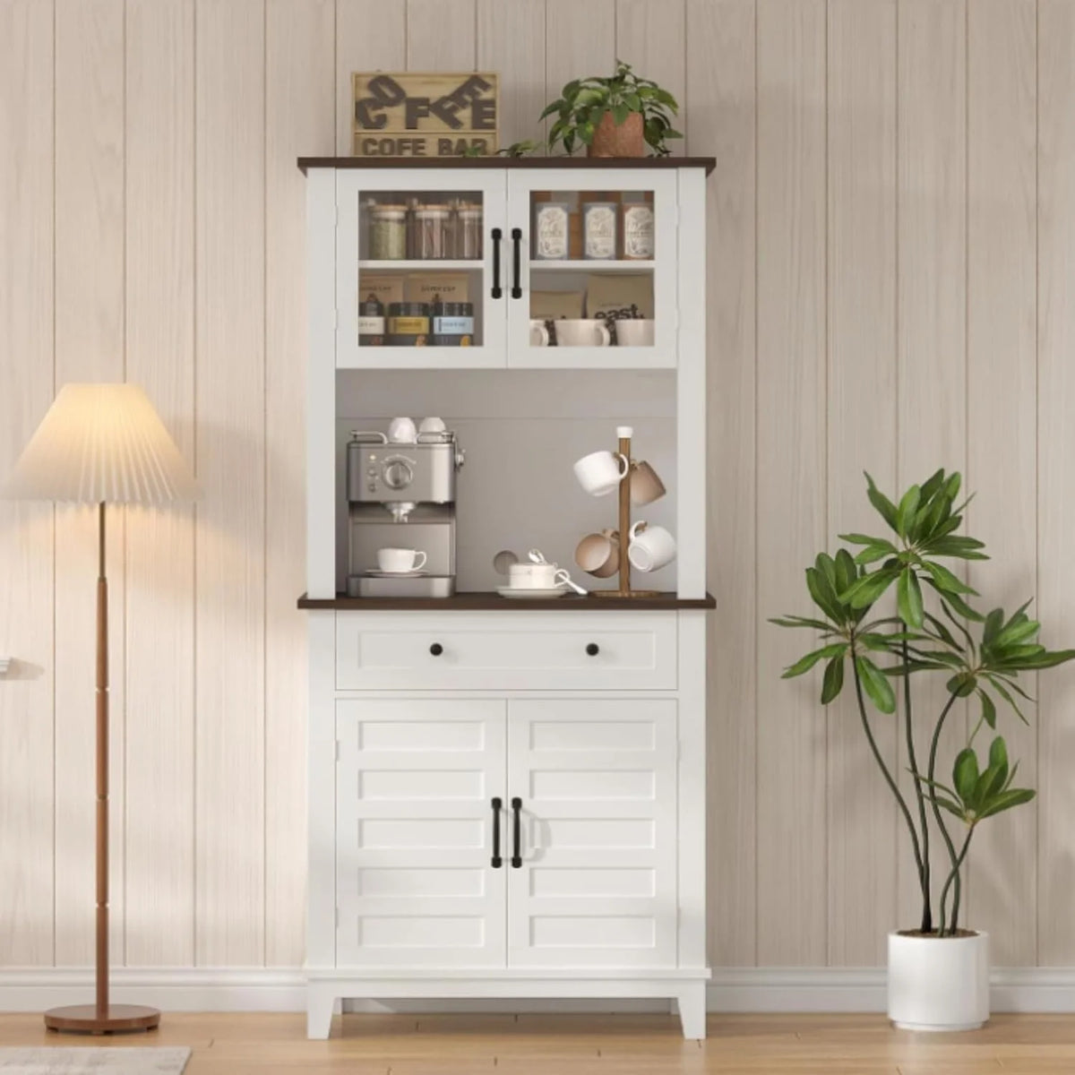 72" White Farmhouse Coffee Bar Cabinet with Storage Drawers & Glass Doors - Kitchen Storage Buffet for Dining Room, Beverage Organizer
