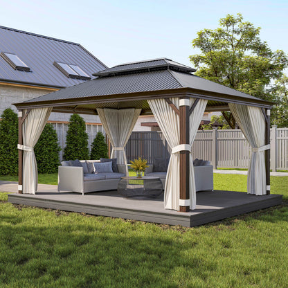 BELLEZE 12 x 16ft Hardtop Gazebo, Widen Pole Outdoor Canopy, Aluminium Frame Galvanized Steel Double Roof Waterproof Gazebo Tent with Nettings and Curtains for Patio, Backyard, Deck, Lawns, Garden
