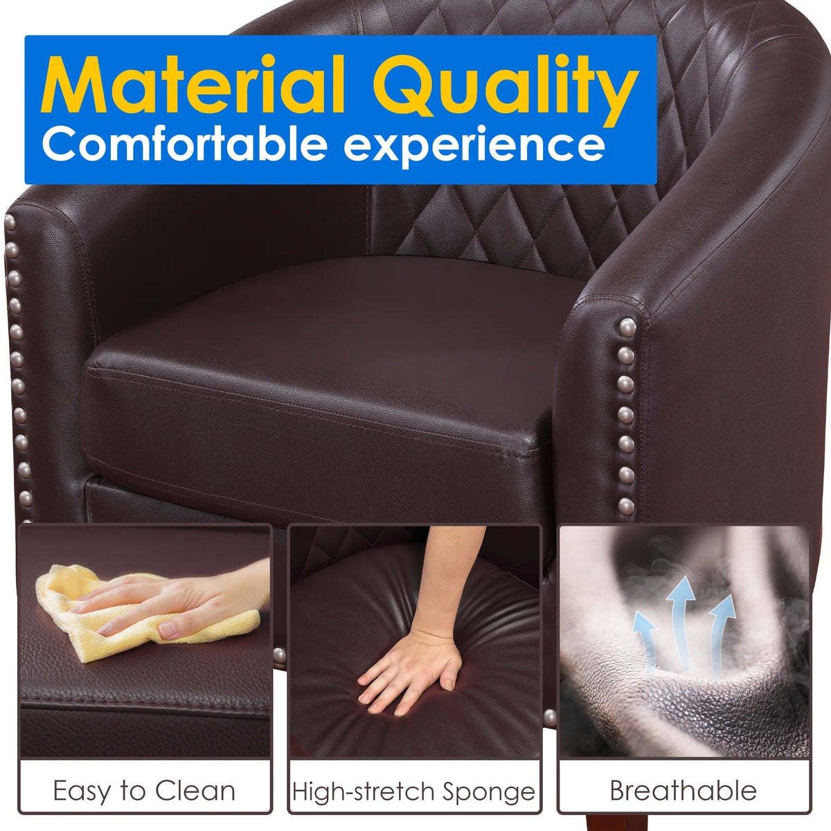Barrel Accent Chair for living room, modern Leather Club Barrel Chair comfy Reading Armchair for Bedroom, Brown