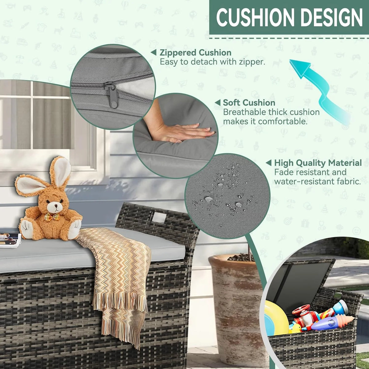 SOLAURA 90 Gallon Patio Wicker Storage Bench w/Cushion, Outdoor Rattan Deck Storage Box w/Handles & Hydraulics, Gray