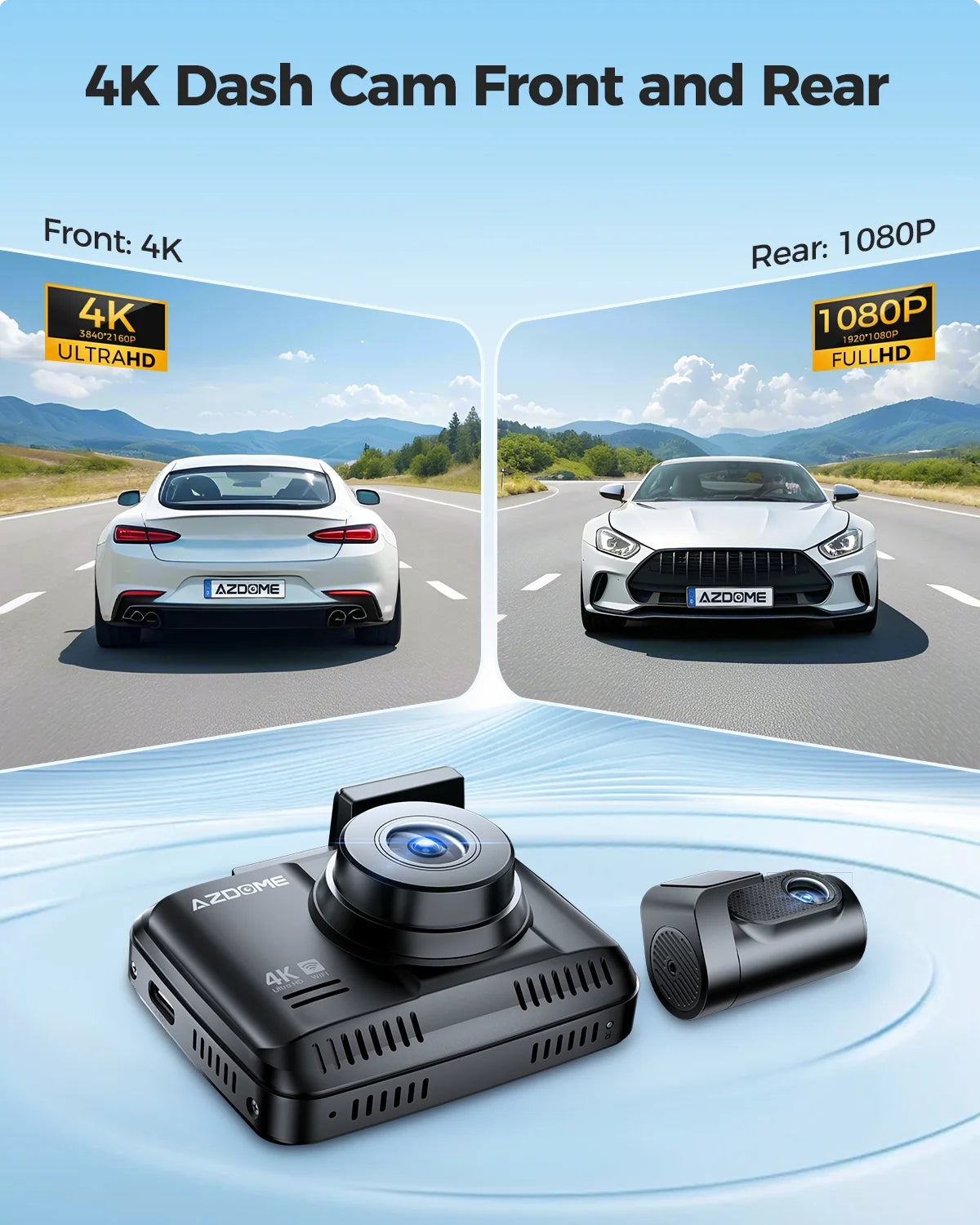 AZDOME Dash Cam Front and Rear, 4K+1080P Dual Dash Camera for Car, Dashboard Camera Built-in WiFi GPS, Free 64GB Card, Motion Detection, 24H Parking Mode, WDR Night Vision