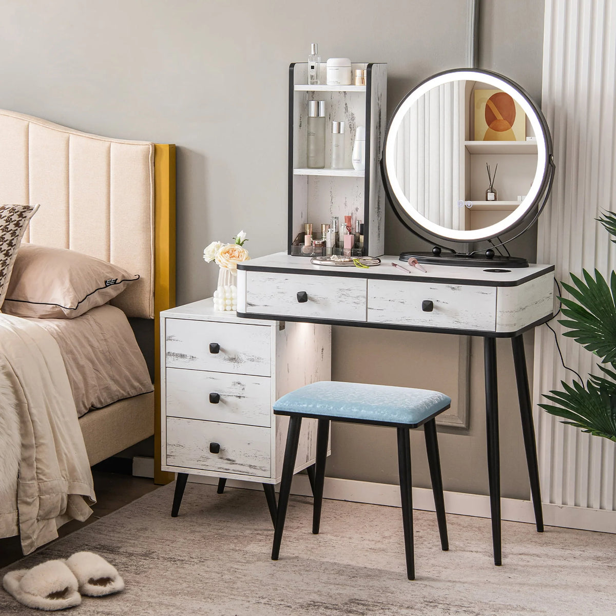 Costway Vanity Makeup Table Set 3-Color Dimmable Human Body Induction LED Light White