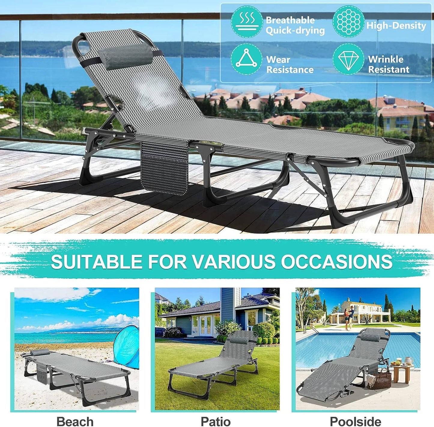 Slsy Folding Lounge Chair, 5-Position Adjustable Outdoor Reclining Chair, Folding Sleeping Bed Cot, Folding Chaise Lounge Chair for Pool Beach Patio Sunbathing