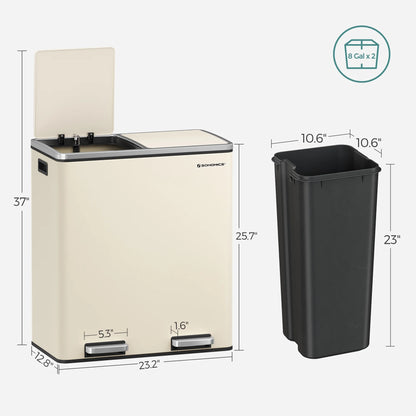 16 Gallon Dual Trash Can, Rubbish Bin and 15 Trash Bags, Metal, Almond Color