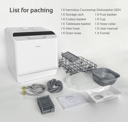 Hermitlux Portable Countertop Dishwasher, 5 Washing Programs, 5L Built-in Water Tank and Air-Dry Function, HMX-DW03