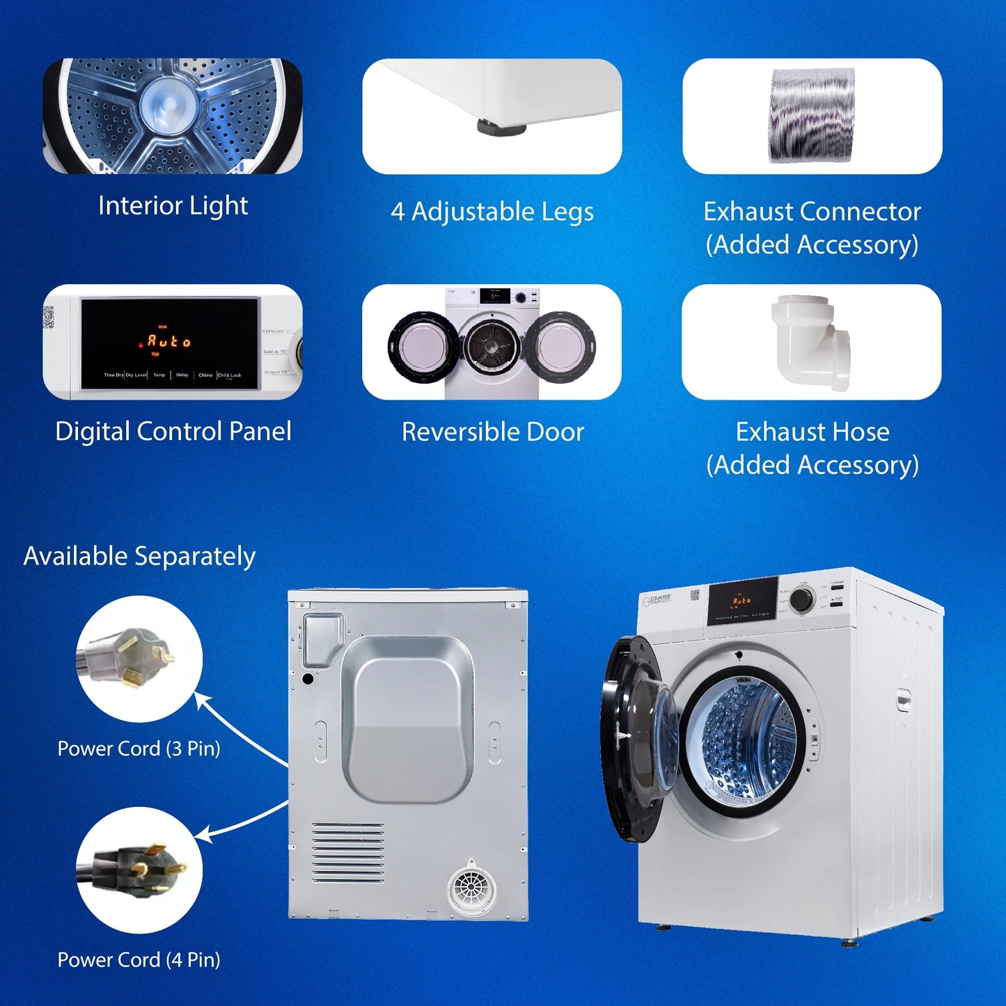 Equator 4cu.ft. 220V Electric Vented Sensor Dryer Interior Light Reversible Door