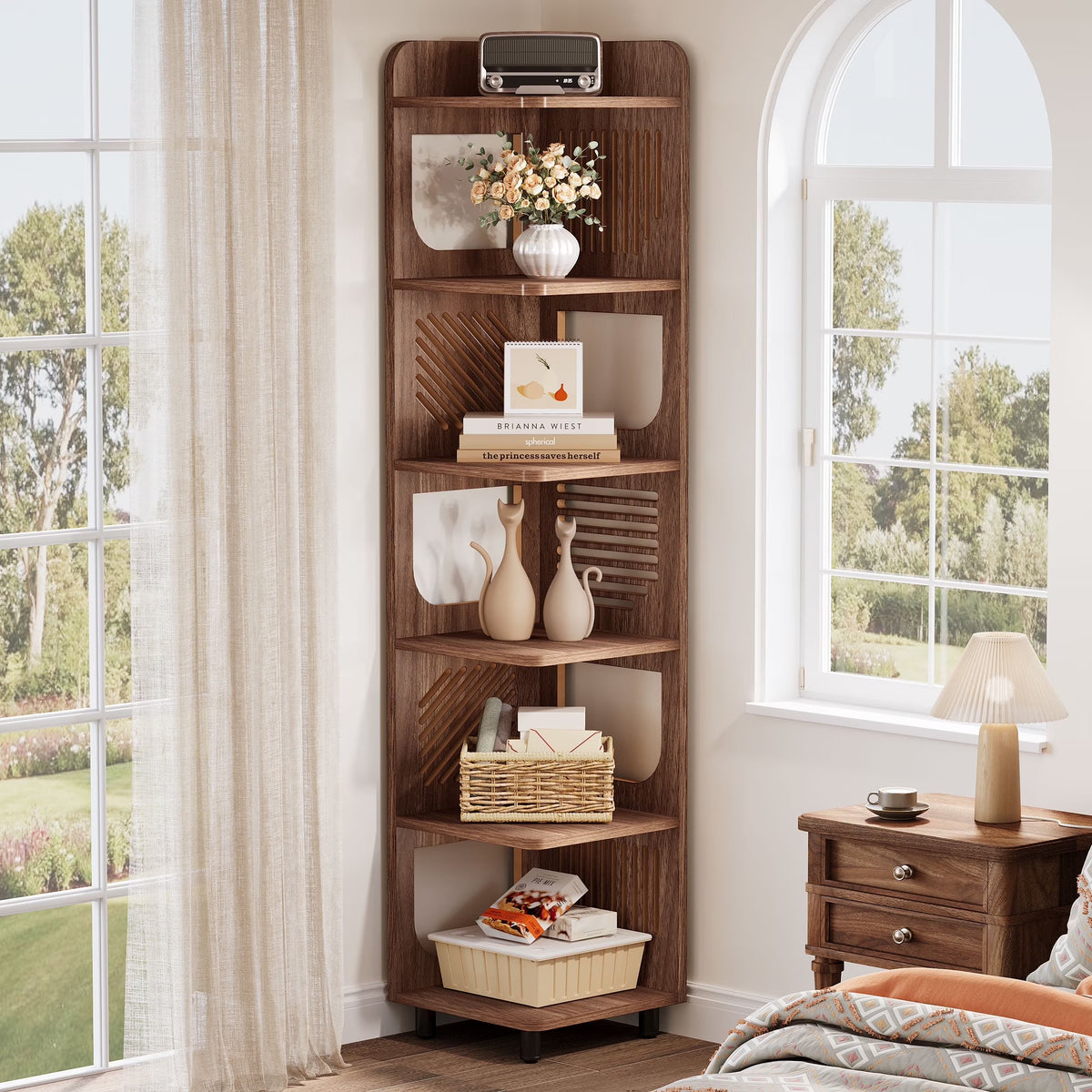 Fnova 71" 6-Tier Tall Corner Bookshelf, Rustic Wooden Narrow Corner Bookcase with Artistic Square Rack, Freestanding Display Storage Shelf for Space-Saving Home Organizing