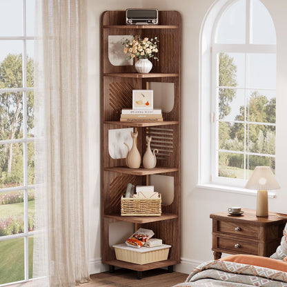 Fnova 71" 6-Tier Tall Corner Bookshelf, Rustic Wooden Narrow Corner Bookcase with Artistic Square Rack, Freestanding Display Storage Shelf for Space-Saving Home Organizing