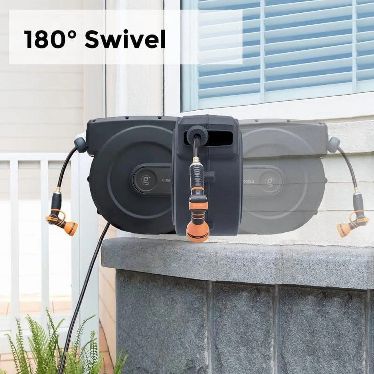 Giraffe Tools Retractable Garden Hose Reel with 1/2in-100ft Water Hose, Plastic Bracket, Wall Mounted, Dark Grey
