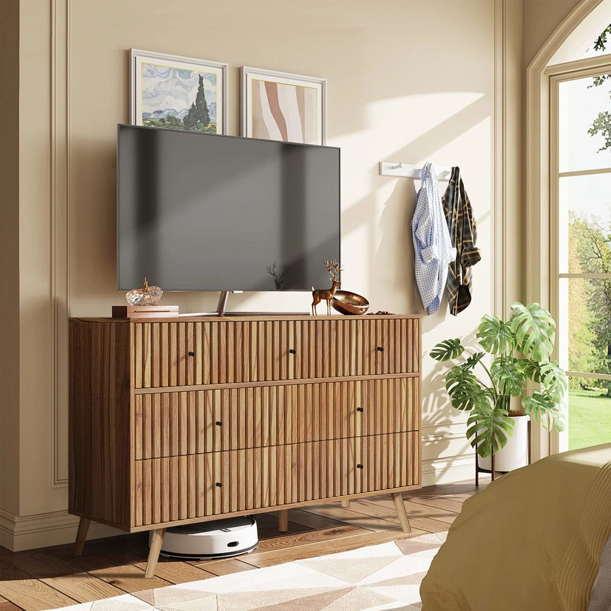 Oubayajia 7 Drawer Double Dresser, Fluted Chest of Drawers, Wood Storage Cabinet for Bedroom, Living Room, Hallway, Walnut