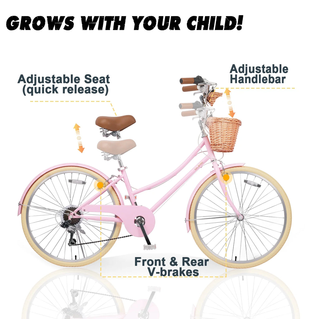 Glerc Missy 24" Girls Cruiser Bike 6-Speed Women's Hybird Bicycle for Ages 7-11 Years, Mint Green