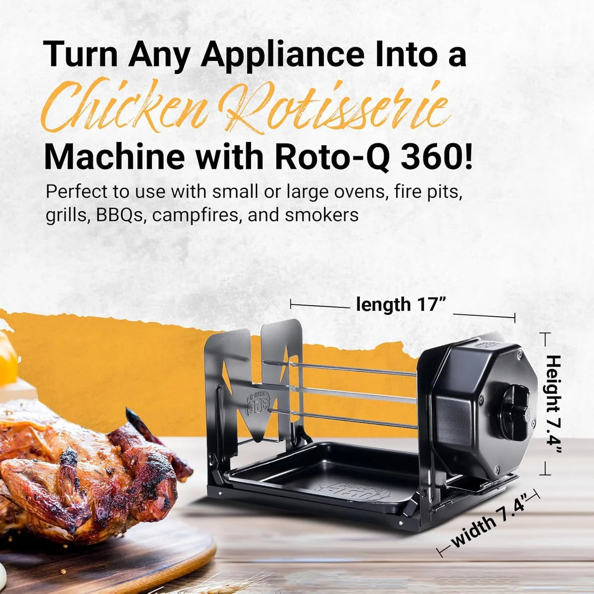 ROTO-Q 360 Cordless Stainless Steel Rotisserie Kit - Non-Electric for Grills, Ovens, BBQ, Smokers - Indoor/Outdoor