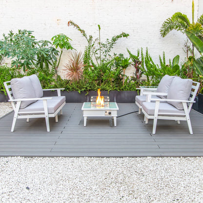 LeisureMod Walbrooke Modern Aluminum 5-Piece Patio Conversation Set with Outdoor Square Fire Pit Table with Slats Design & Side Table Tank Holder (Green)