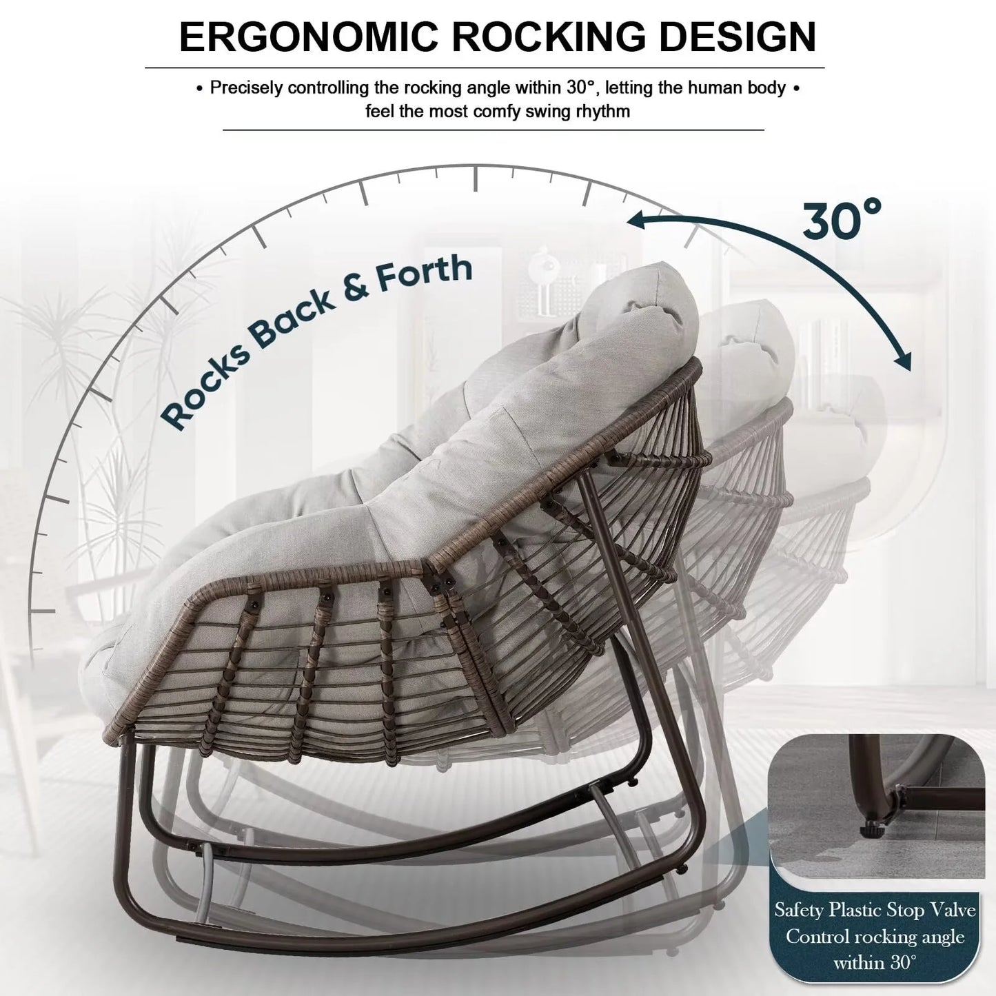 Outdoor Papasan Rocking Chair, Patio Oversized Wicker Egg Rocking Chair, Indoor & Outdoor Comfy Rocker Chair with Thick Cushion, Modern Lounge Chair for Front Porch, Garden, Backyard, Grey