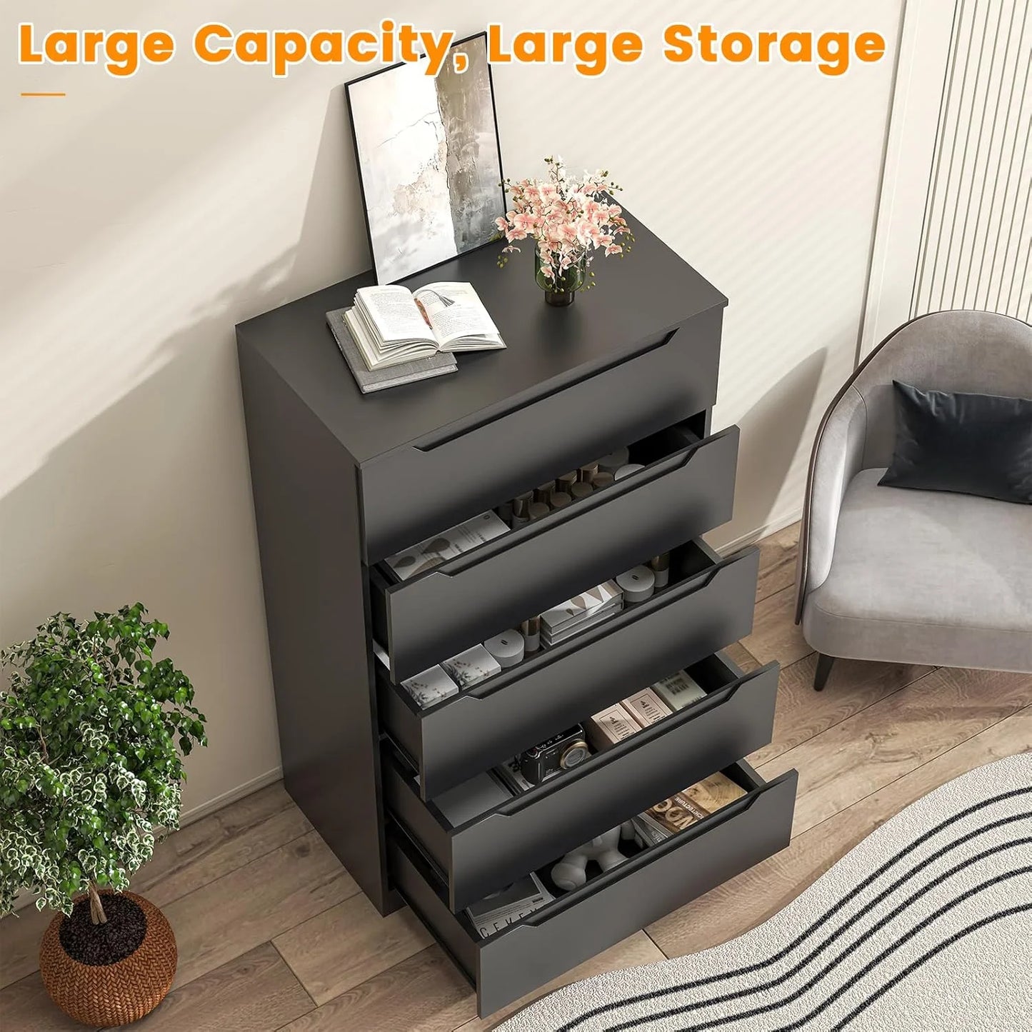 Winkalon Vertical 5 Drawer Dresser, Wood Storage Cabinet with Upgraded Stable Base for Bedroom Living Room, Black