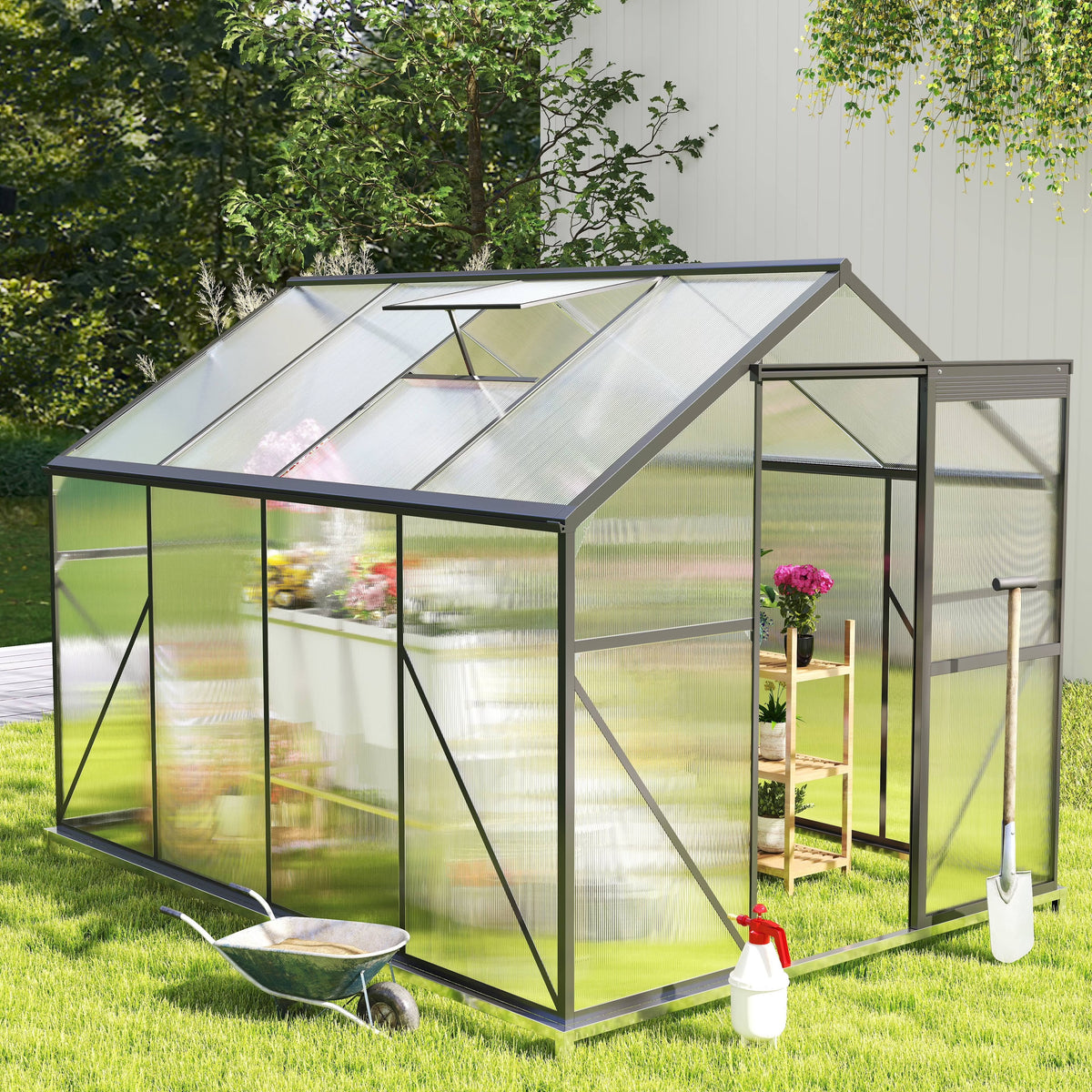 Asofer 6' x 4' Greenhouse for Outdoors, Aluminum Walk-in Green Houses shed with Rain Gutter and Roof Vent for Backyard