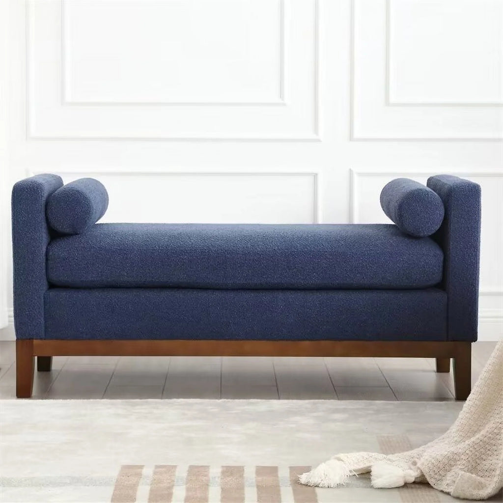 End of Bed Bench, 53.5" Boucle Fabric Upholstered Entryway Bench with Wood Legs & Bolster Pillows, Rolled Arm Cushioned Ottoman Foot Rest Long Stool Window Extra Seating for Bedroom, Ivory