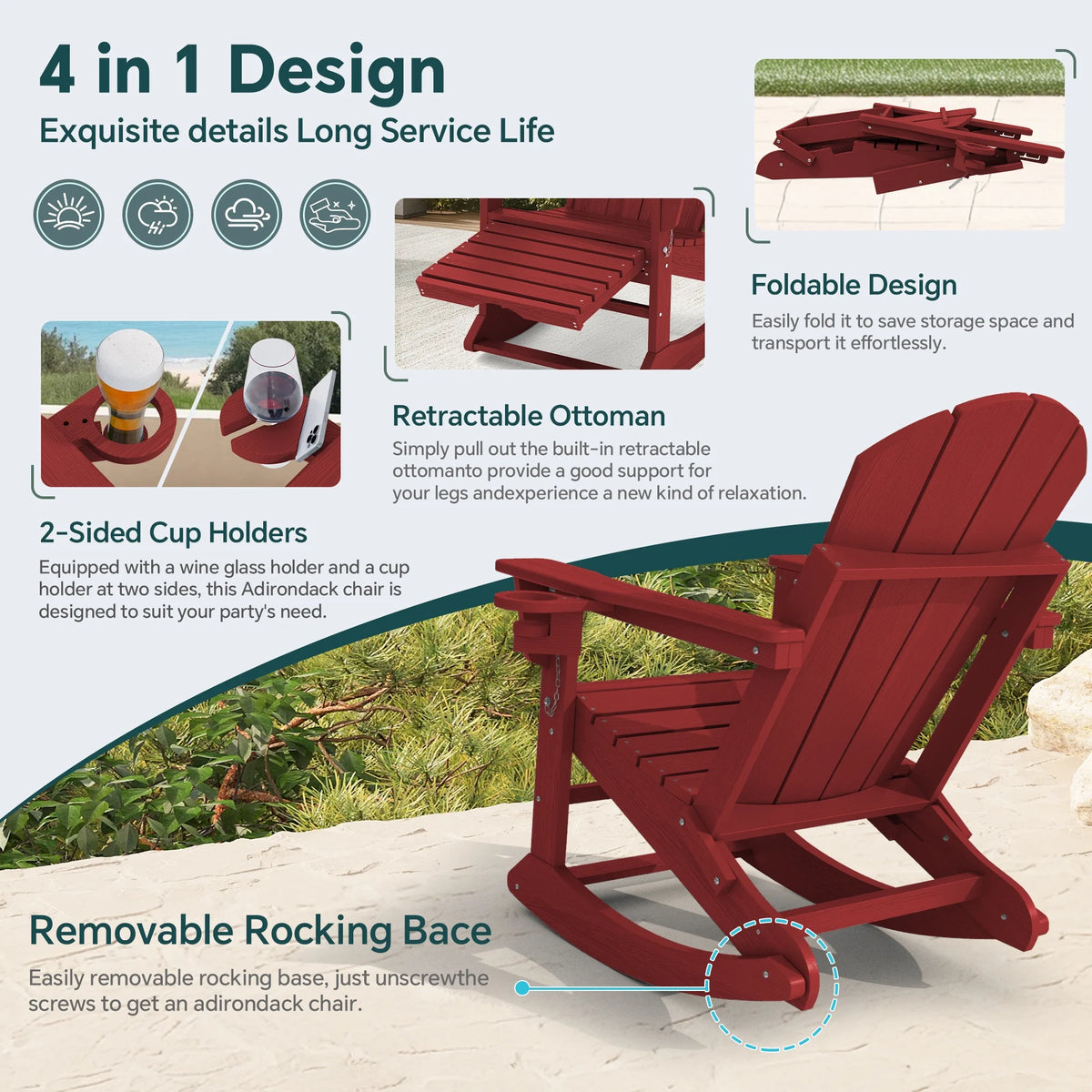 KINGYES Folding Adirondack Rocker Chair Set of 2 W/ Footrest & Dual Cup Holders, HDPE Outdoor Patio Rocking Chair, Black