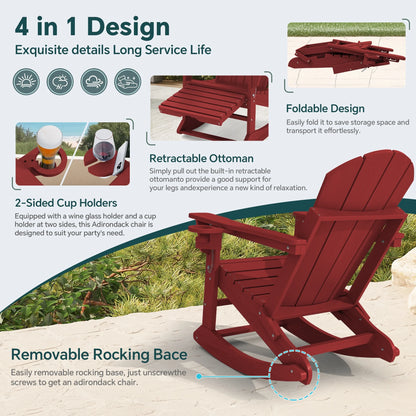 KINGYES Folding Adirondack Rocker Chair Set of 2 W/ Footrest & Dual Cup Holders, HDPE Outdoor Patio Rocking Chair, Black