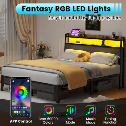 Meteorleg Twin Size Bed Frame with Storage Headboard & Charging Station,Platform Metal Bed Frame with RGB Lights,Grey