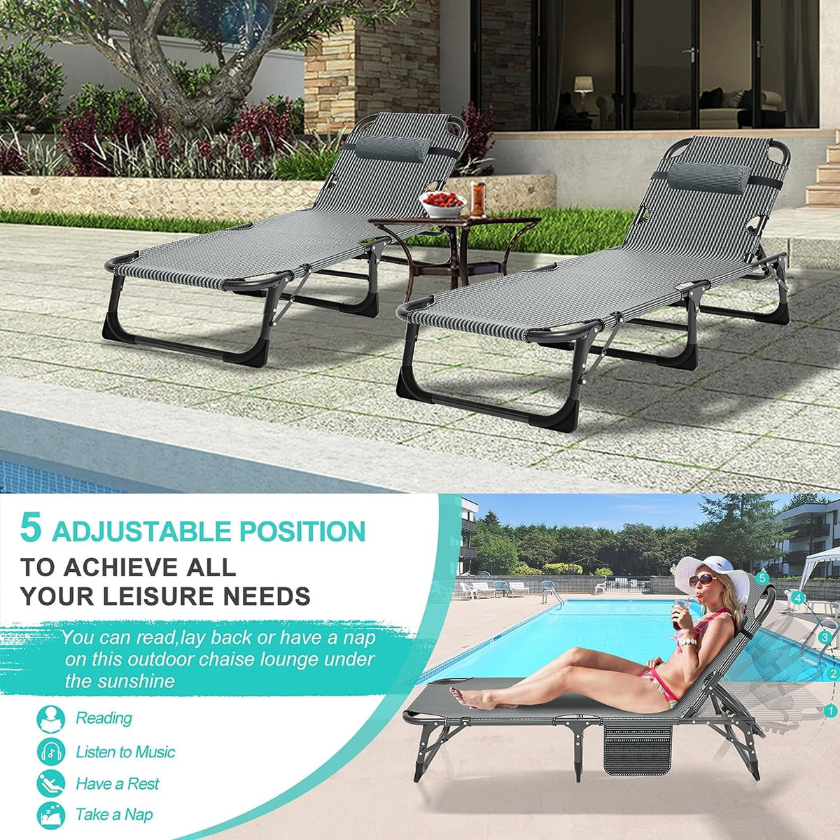 Slsy Folding Lounge Chair, 5-Position Adjustable Outdoor Reclining Chair, Folding Sleeping Bed Cot, Folding Chaise Lounge Chair for Pool Beach Patio Sunbathing