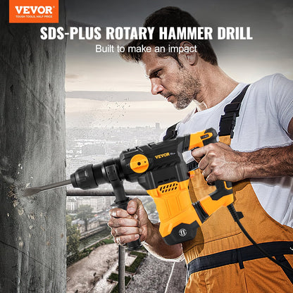 VEVOR 1-1/4inch SDS-Plus Rotary Hammer Drill, 13 Amp Corded Drills, Heavy Duty Chipping Hammers w/Vibration Control & Safety Clutch, Electric Demolition Hammers Variable Speed, Power Tool For Concrete
