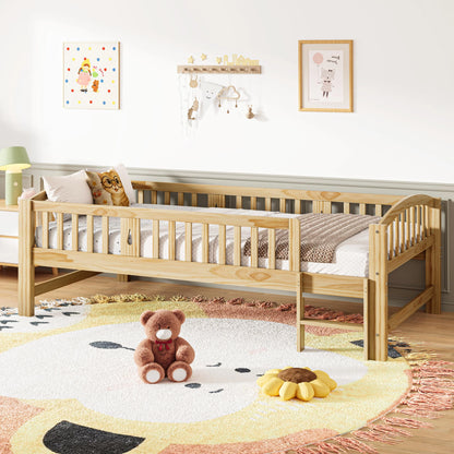SESSLIFE Twin Size Platform Bed, Solid Wood Twin Bed Frame with Slats, Fence Guardrail Ladder, Twin Floor Bed with Strong Legs for Boys Girls, No Box Spring Needed, Holds 400 lbs, White