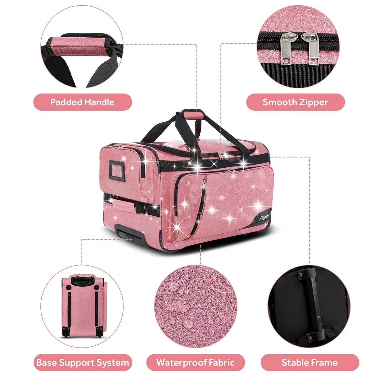Fegat Dance Bag with Garment Rack,23"Glitter Bright Rolling Dance Duffel Bag Lightweight Competition Bag Costume Suitcase for Dancers Performer Artist, Shine Glitter Purple