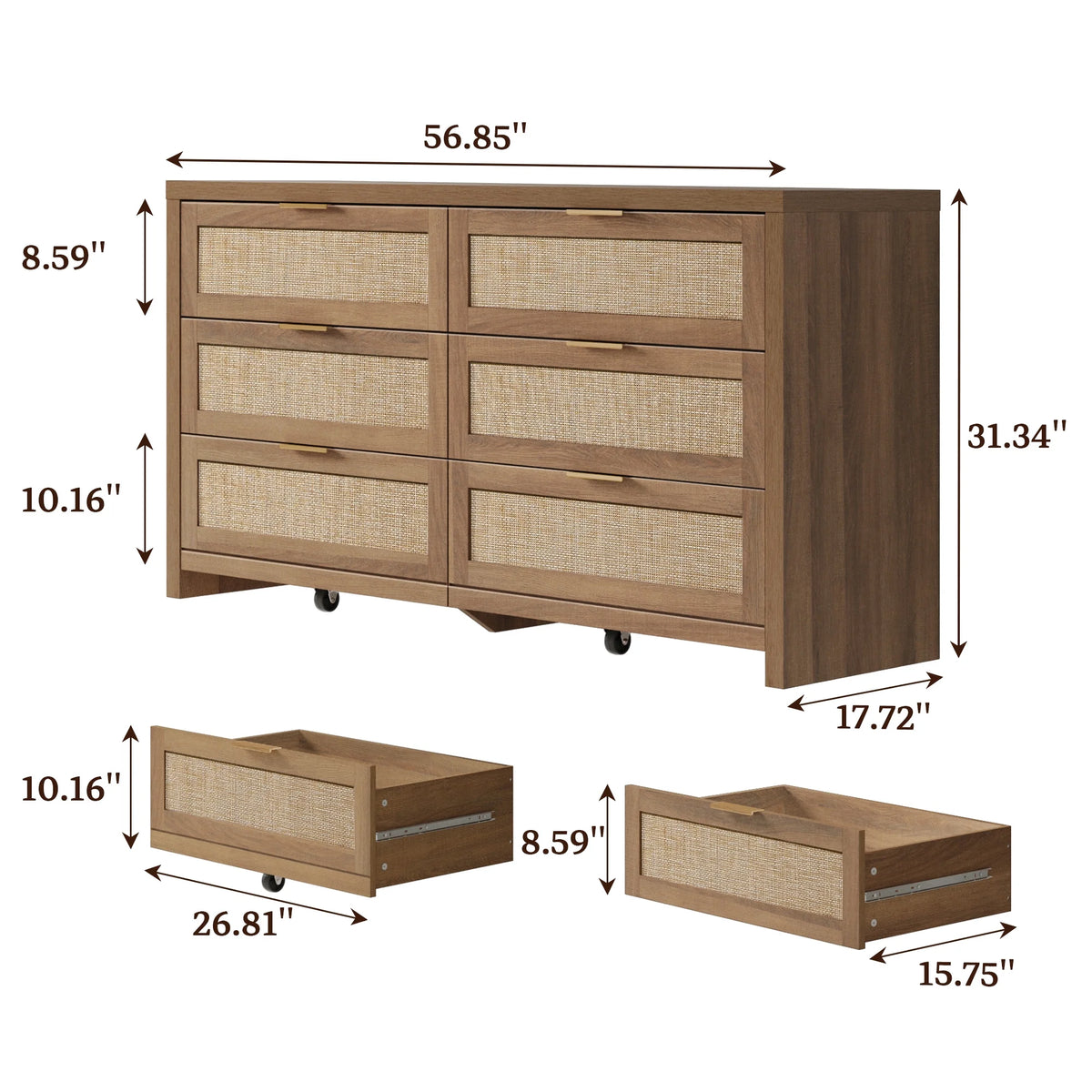 SICOTAS 56.85" 6 Drawer Dresser,Rattan Dresser with Storage,Boho Dressers & Chests of Drawers Wooden Tall  Dresser for Bedroom
