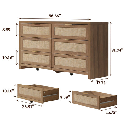 SICOTAS 56.85" 6 Drawer Dresser,Rattan Dresser with Storage,Boho Dressers & Chests of Drawers Wooden Tall  Dresser for Bedroom