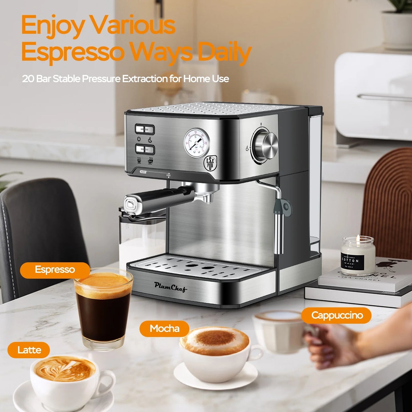 Plum Chef Espresso Machine, 20 Bar Coffee Maker with Foaming Milk Frother Wand, Espresso & Cappuccino Latte Maker Coffee Machine, 850W, 1.6L Removable Water Tank, Black&Silver