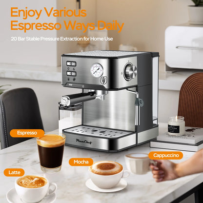 Plum Chef Espresso Machine, 20 Bar Coffee Maker with Foaming Milk Frother Wand, Espresso & Cappuccino Latte Maker Coffee Machine, 850W, 1.6L Removable Water Tank, Black&Silver