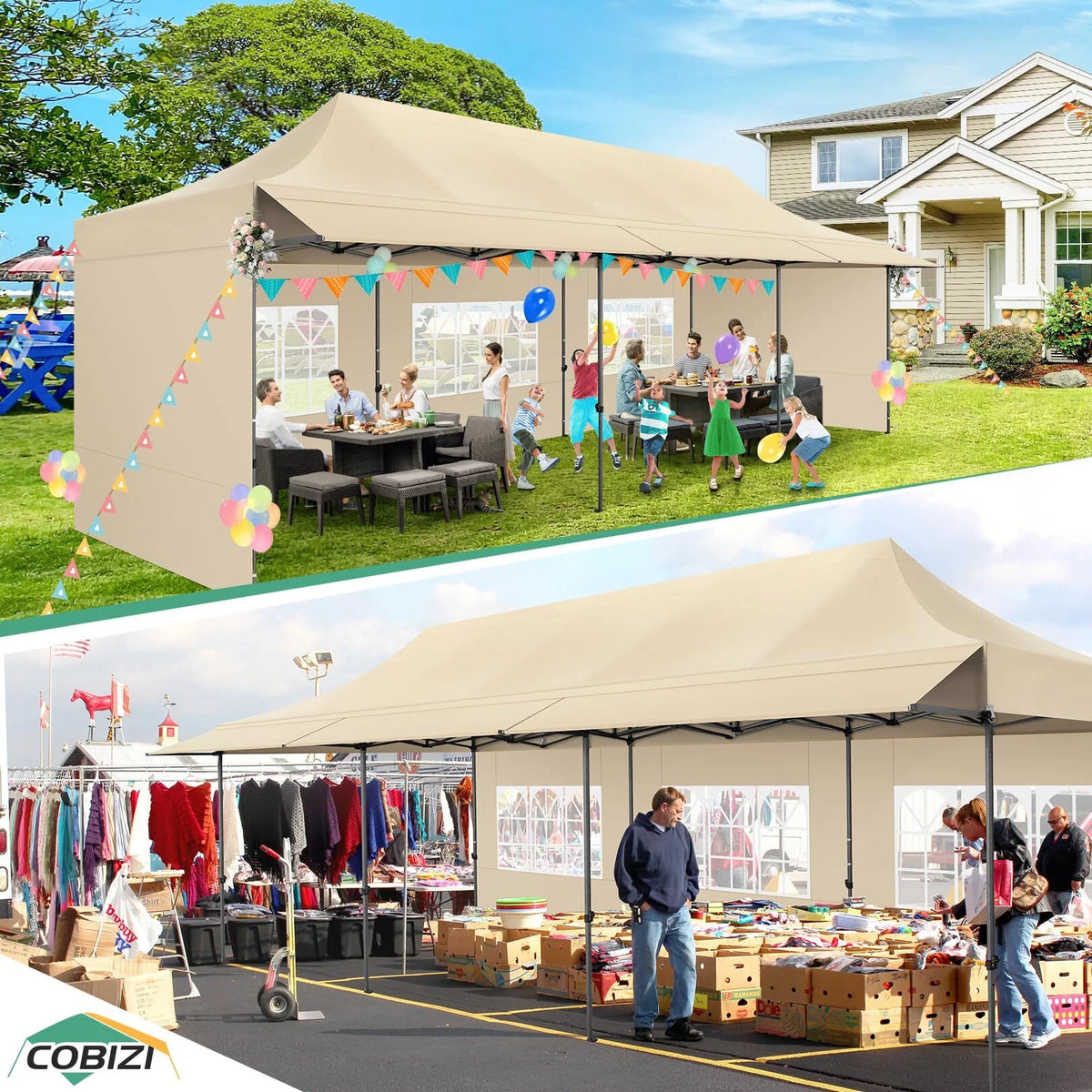 COBIZI 10x20 Pop Up Canopy Heavy Duty Party Tent with Removable Awning and Sidewalls,Easy Up Outdoor Wedding Canopy,Gazebo All Season Windproof&Waterproof with Roller Bag UPF 50+,Black