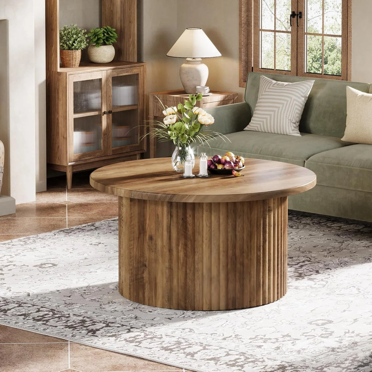 Finmind 31.5" Round Coffee Table, Farmhouse Circle Coffee Table with Metal Base