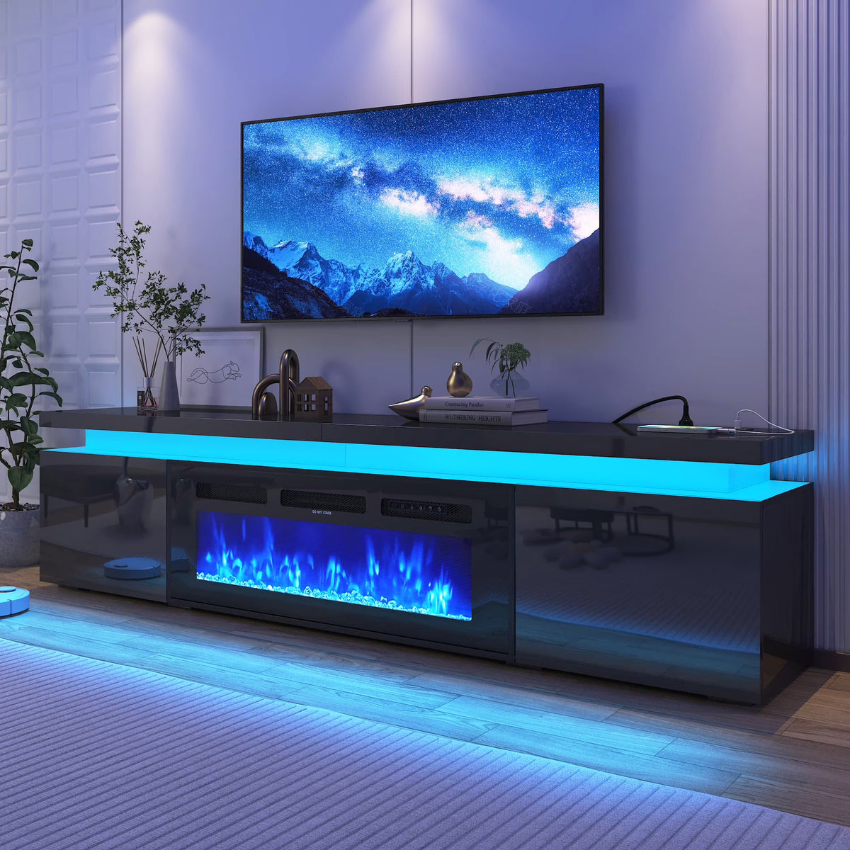 LED TV Stand for up to 85" TVs with Power Outlet, 75" Large Entertainment Center Console Table Gaming Soundbar Shelf with 2 Storage Cabinets
