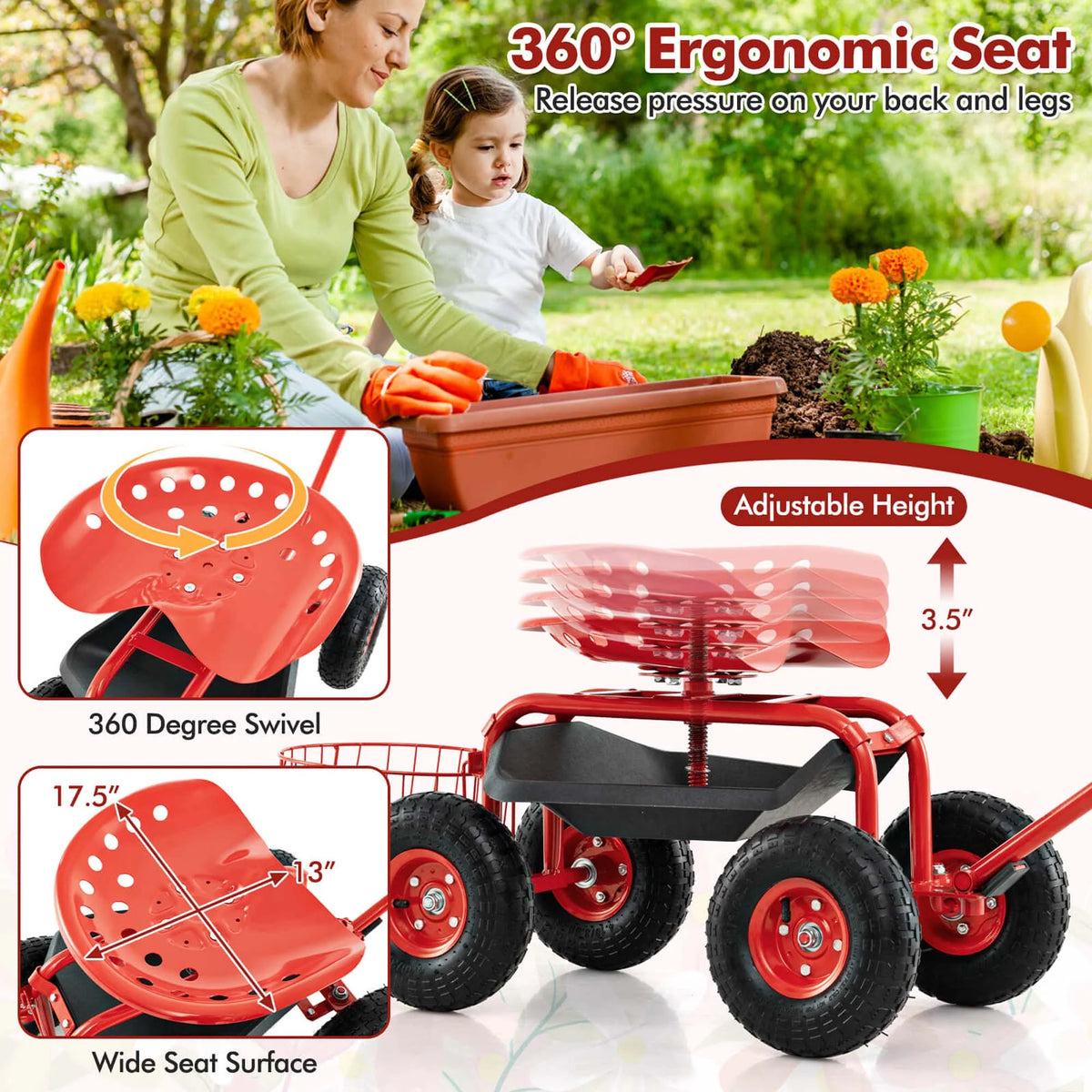 Costway Garden Cart Rolling Work Seat for Planting with Extendable Handle Green