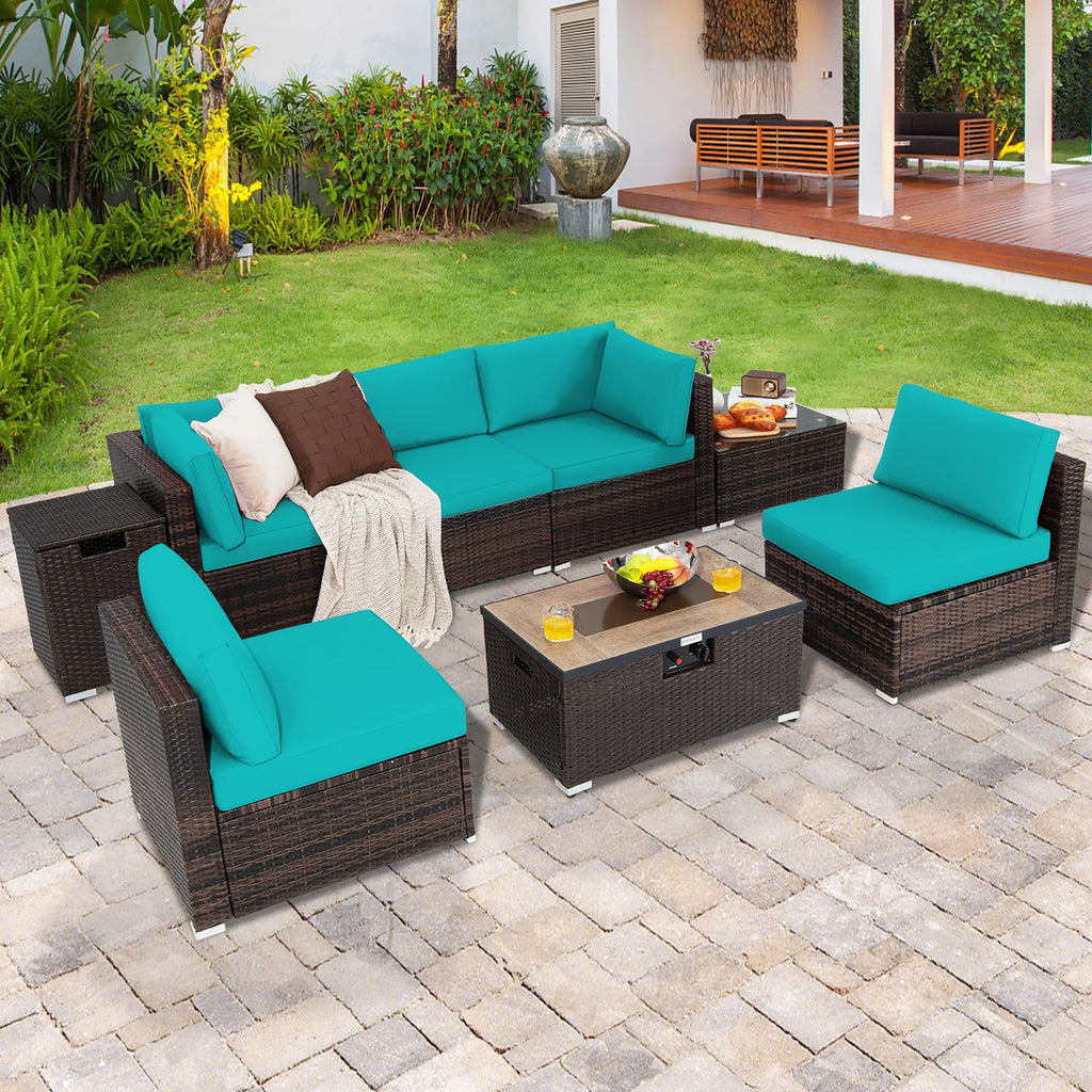 Costway 8PCS Patio Rattan Furniture Set Fire Pit Table Tank Holder Cover Deck Black
