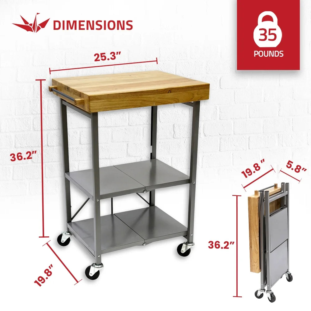 Origami Foldable Wheeled Portable Solid Wood Top Kitchen Island Bar Cart