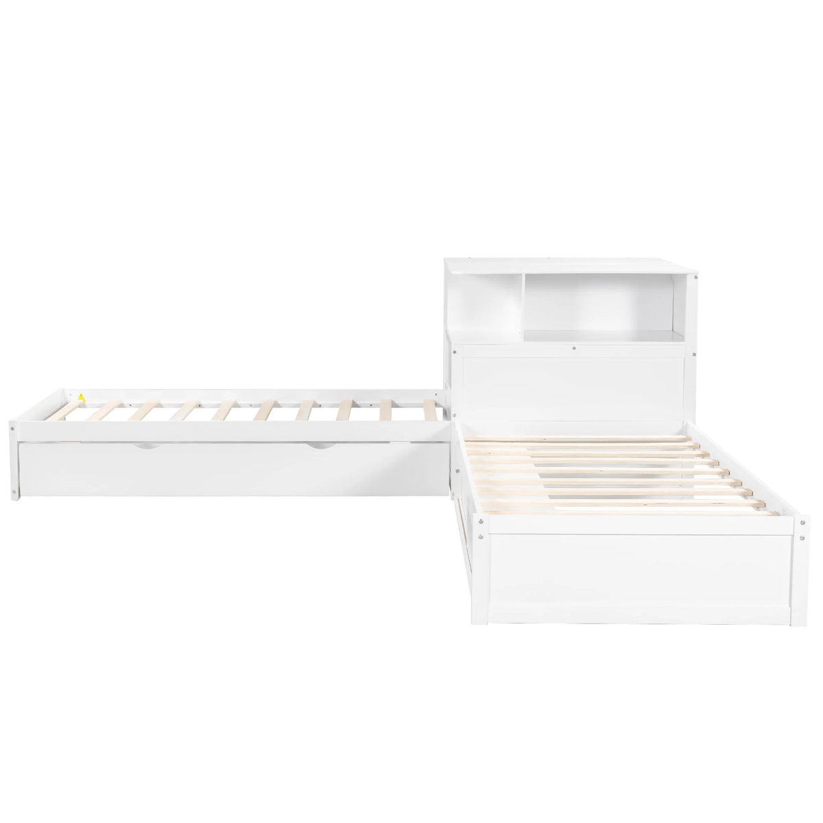 Euroco Pine Wood L-Shaped Twin Platform Bed with Storage Desk, Cabinets, Trundle and LED Light for Kids Teens, Gray