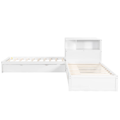 Euroco Pine Wood L-Shaped Twin Platform Bed with Storage Desk, Cabinets, Trundle and LED Light for Kids Teens, Gray
