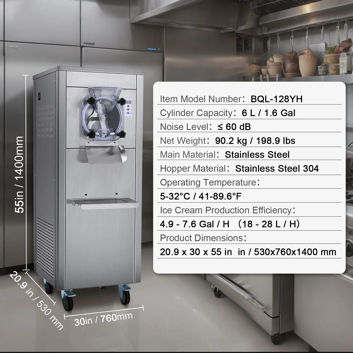 KFFKFF Commercial Ice Cream Machine, 18L/Hour Output, 1780W, Single Flavor, Mobile with Wheels, 6L Stainless Steel Cylinder, LED Screen, Auto Clean & Pre-cool
