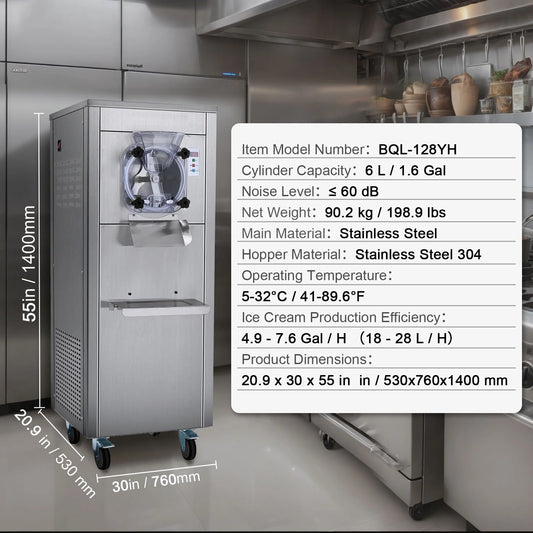 KFFKFF Commercial Ice Cream Machine, 18L/Hour Output, 1780W, Single Flavor, Mobile with Wheels, 6L Stainless Steel Cylinder, LED Screen, Auto Clean & Pre-cool