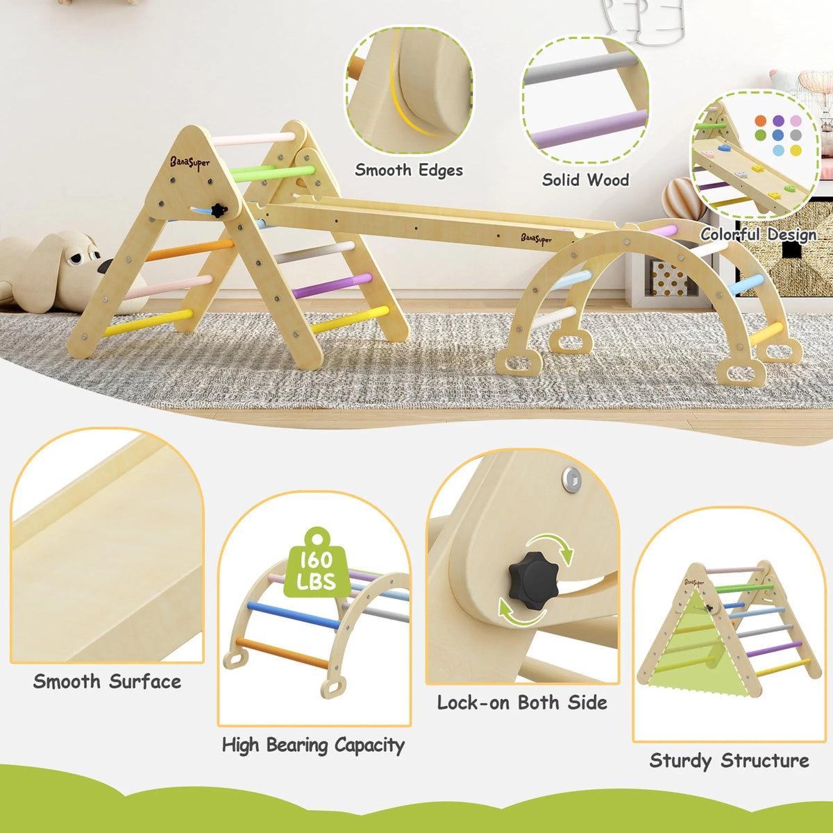 BanaSuper Colorful 3 in 1 Climbing Triangle Ladder with Ramp & Arch Foldable Wooden Triangle Climber Set Montessori Climbing Toys for Kids Ourdoor Indoor Playground Play Gym