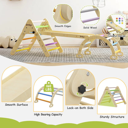 BanaSuper Colorful 3 in 1 Climbing Triangle Ladder with Ramp & Arch Foldable Wooden Triangle Climber Set Montessori Climbing Toys for Kids Ourdoor Indoor Playground Play Gym
