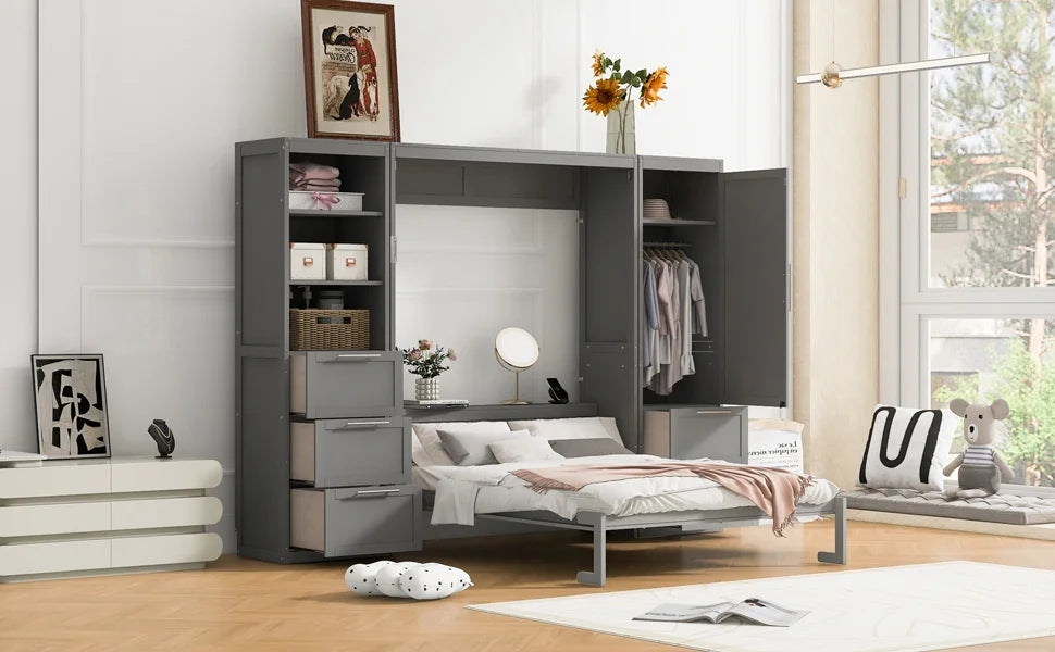 Newest Queen Size Murphy Bed Wall Bed with Closet ,Drawers , Shelves,Gray
