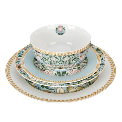 STP GOODS Melodie de Fleurs Bone China Dinnerware Set of 24 Service for 6 24-Piece Dish Set of Plates and Bowls, Blue Gold White