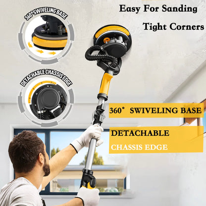 POVANLI 780W Electric Drywall Sander with Vacuum Dust Collection, 6.5A Motor Dustless Floor Sander with Variable Speed 900-1800RPM, LED Light, Extendable & Foldable Handle Yellow+Black