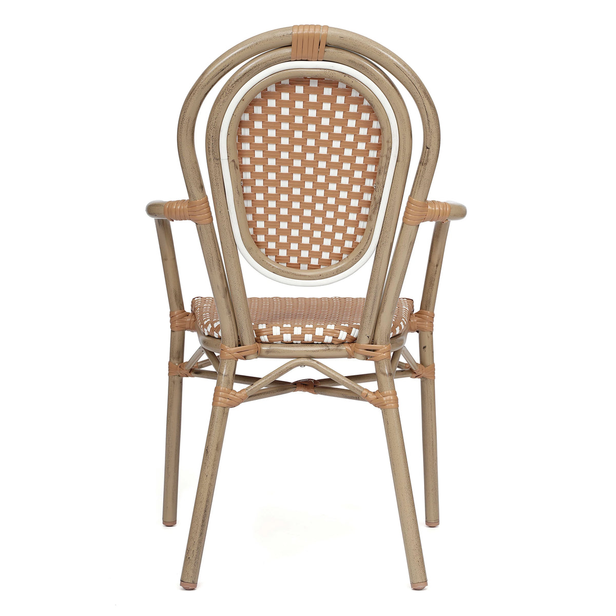 Merrick Lane Stacking Thonet French Bistro Style Chair with Arms, Black & White PE Rattan Seat, and Bamboo Finished Metal Frame for Indoor/Outdoor Use