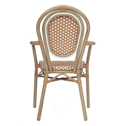 Merrick Lane Stacking Thonet French Bistro Style Chair with Arms, Black & White PE Rattan Seat, and Bamboo Finished Metal Frame for Indoor/Outdoor Use